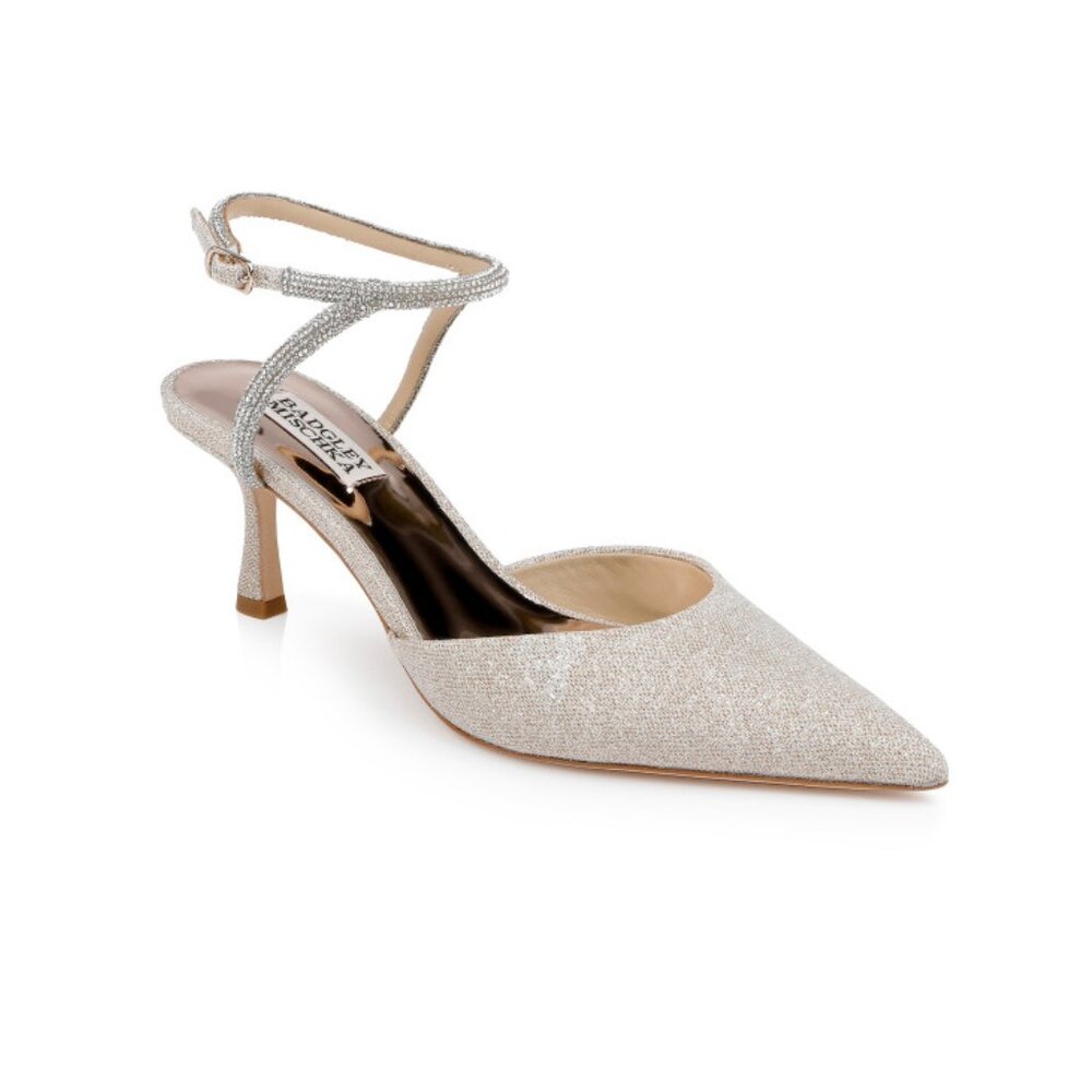 Badgley Mischka Silver Satin Rhinestone Strap Heels‎ – Women’s Size 7